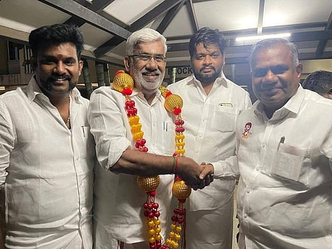 Former AIADMK minister Vellamandi Natarajan joins TVK in the presence of party general secretary N Anand on Thursday

