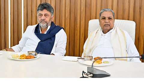 Karnataka Chief Minister Siddaramaiah and Deputy Chief Minister DK Shivakumar during a breakfast meeting at the Chief Minister's official residence