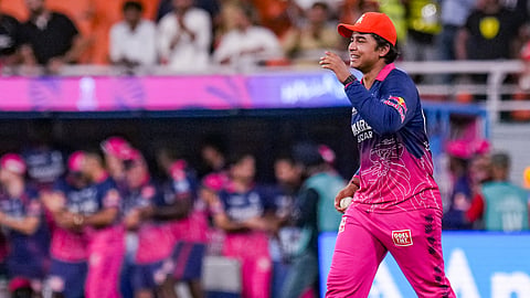Rajasthan Royals' Vaibhav Sooryavanshi celebrates after the team's win in the Indian Premier League (IPL) 2026 T20 Eliminator cricket match between Rajasthan Royals and Sunrisers Hyderabad