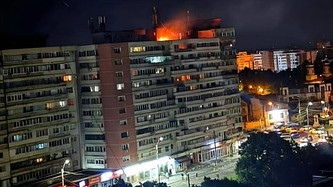 This photo released by Romania’s Department for Emergency Situations shows a re on top of a block of ats after a drone crash caused an explosion and re on impact, in Galati, eastern Romania near the Ukrainian border, Friday May 29, 2026.