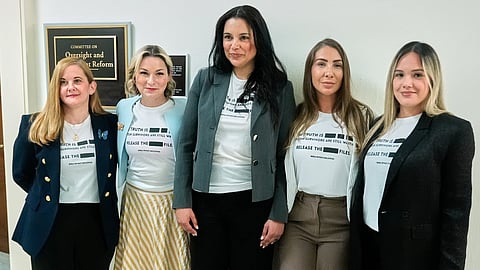 Victims of Jeffrey Epstein’s abuse, from left, Liz Stein, Dani Bensky, Sharlene Rochard, Marina Lacerda and Andrea Sterling, are seen before former Attorney General Pam Bondi arrives for her
deposition at the Rayburn House Ofce Building on Capitol Hill, Friday, May 29, 2026, in Washington. 
