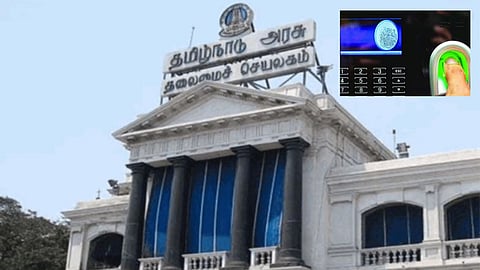 Tamil Nadu Secretariat, (inset) Representative image of biometric login