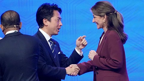 Japan’s Defense Minister Shinjiro Koizumi with Netherland’s Defense Minister Dilan Yesilgoz Zegerius