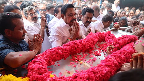 AIADMK general secretary Edappadi K Palaniswami pays tribute to the Thanjavur party functionary’s mortal remains on Monday
