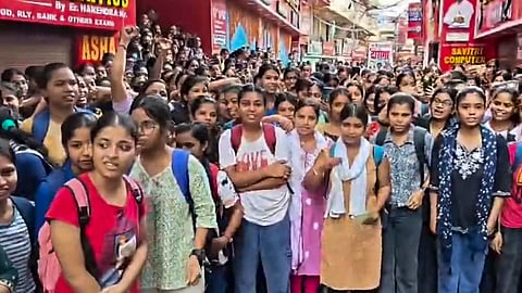 Students stage a protest after a coaching institute of educator Faisal Khan, popularly known as 'Khan Sir', was allegedly vandalised and pelted with stones, in Patna, Wednesday, June 3, 2026