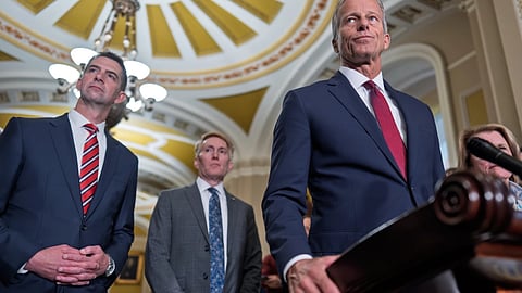 Senate Majority leader John Thune, Josh Hawley, Sen James Lankford speaks to reporters after a closed-door meeting with Republicans 