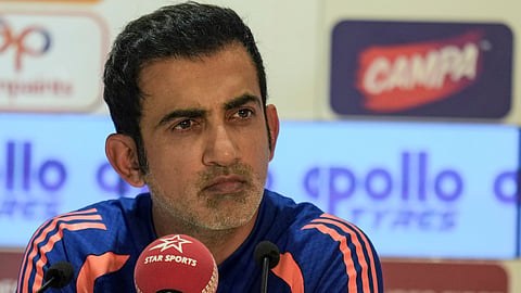 India's head coach Gautam Gambhir addresses a press conference ahead of a Test cricket match against Afghanistan, in Mullanpur, Friday, June 5, 2026 