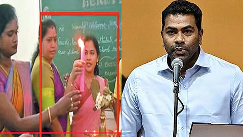 (L) LA M R Pallavi and Chennai Mayor Priya Rajan at a Corporation school and (R) Minister Aadhav Arjuna