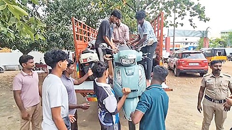 Recovered two-wheelers being
brought to Sriperumbudur