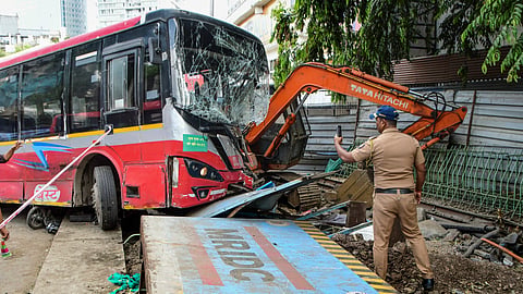 Damaged remains of a BEST (Brihanmumbai Electric Supply and Transport) bus after it collided with two cars and several other vehicles, in Mumbai, Monday, June 8, 2026. A man was killed and three persons were injured in the incident 