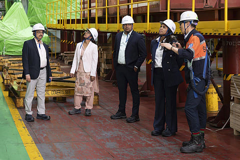 State Minister for Industries, Investment Promotion and Commerce S Keerthana during her visit to HD Hyundai Heavy Industries' Ulsan shipyard

