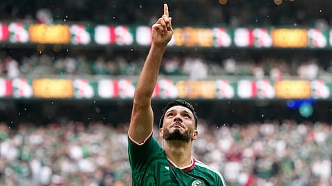 Mexico's Raul Jimenez celebrates after scoring his side's second goal during the World Cup Group A soccer match between Mexico and South Africa in Mexico City, Thursday, June 11, 2026