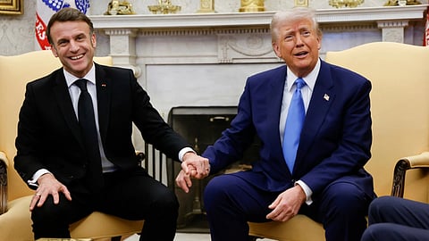 President Donald Trump, right, meets with France's President Emmanuel Macron in the Oval Office of the White House in Washington