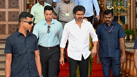 Tamil Nadu Chief Minister C Joseph Vijay leaves for the NITI Aayog Governing Council meeting from Tamil Nadu House, in New Delhi