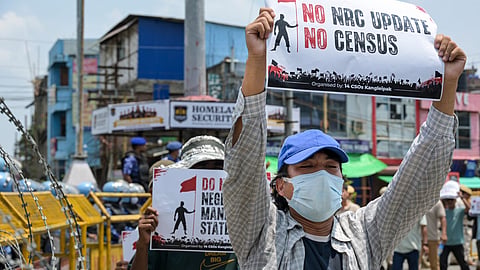 People take part in a rally organised by the 14 Civil Society Organisations (CSOs), from Tiddim Ground to Thau Ground, demanding updation of the National Register of Citizens (NRC) before the conduct of the Census in the state, in Imphal, Manipur, Monday, June 8, 2026