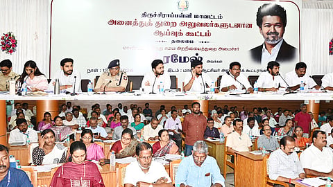 HR&CE Minister S Ramesh addressing officials during a review meeting held in Tiruchy on Friday 