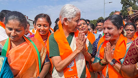 Union Finance Minister Nirmala Sitharaman during the 'Pragati Path Yatre Darshan' program, at Devanahalli
