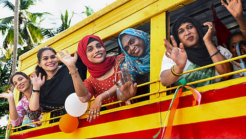 Women travel in a KSRTC bus after the launch of the 'Priyadarshini' free bus travel scheme for women and transgender persons under the Indira Guarantee programme