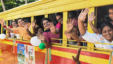 Women travel in a KSRTC bus after the launch of the 'Priyadarshini' free bus travel scheme for women and transgender persons under the Indira Guarantee programme, in Kozhikode 