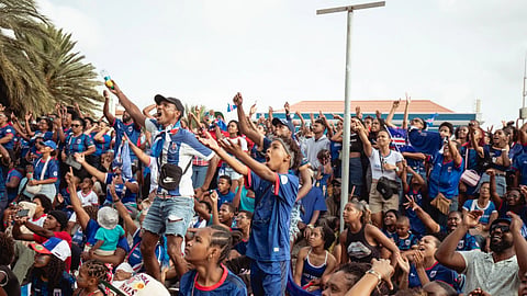 
Fans react as they watch a broadcast of the World Cup Group H soccer match between Cape Verde and Spain at a viewing center in Mindelo, São Vicente, Cape Verde
