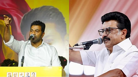 (L) Aadhav Arjuna, (R) MK Stalin