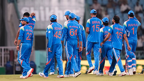 Indian players celebrate after team's win in the ODI cricket match between India and Afghanistan, in Lucknow, Uttar Pradesh, Wednesday, June 17, 2026