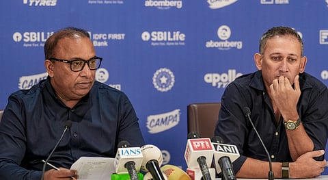 Board of Control for Cricket in India (BCCI) chief selector Ajit Agarkar, right, and Secretary Devajit Saikia address a press conference after the Men's Selection Committee meeting, at BCCI headquarters, in Mumbai, Saturday, June 6, 2026