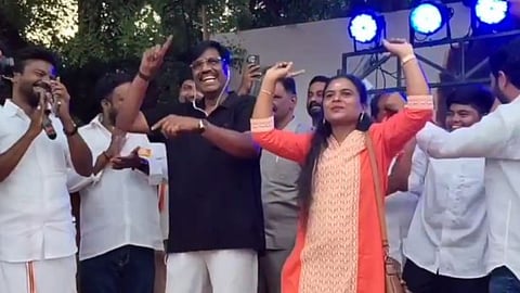 Screengrab of the Higher Education Minister dancing at an event in a school in Melur 