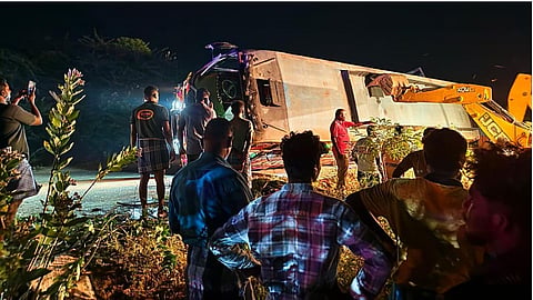 Bus carrying groom's relatives overturned into a tank near Koonankulam in Virudhunagar district