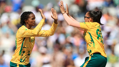South Africa's Ayabonga Khaka (left) celebrates taking the wicket of India's Yastika Bhatia during the ICC Women's T20 World Cup match between India and South Africa, at Emirates Old Trafford, Manchester, England, Sunday June 21, 2026 