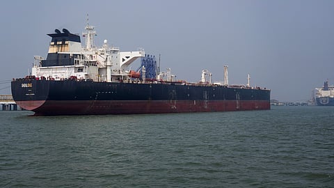 The Liberia-flagged Suezmax tanker Shenlong carrying crude oil berths at the Jawahar Dweep terminal 