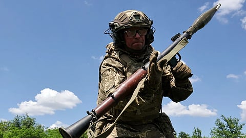 Ukraine's 65th Mechanized Brigade press service, a soldier practices military skills at a training ground near the frontline in the Zaporizhzhia region, Ukraine