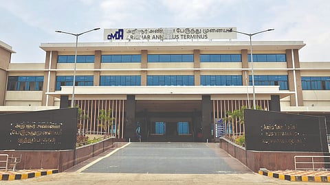 The entrance to Arignar Anna Bus Terminus at Kuthambakkam built at a cost of over Rs 414 crore on a 24.8-acre facility near the Chennai-Bengaluru Highway (NH-48)