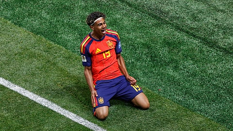 Spain's Lamine Yamal celebrates after scoring the opening goal against Saudi Arabia during the World Cup Group H soccer match in Atlanta, Sunday, June 21, 2026
