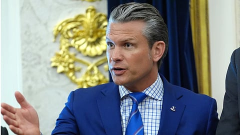 Defense Secretary Pete Hegseth speaks in the Oval Office of the White House during an executive order signing about quantum computing with President Donald Trump, in Washington. 