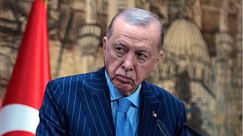 Turkey’s President Recep Tayyip Erdogan listens as Somalia’s President Hassan Sheikh Mohamud speaks during a joint news conference in Istanbul, Turkey