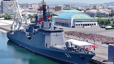 North Korean government, North Korean destroyer Choe Hyon is seen during its commissioning ceremony at a port in Nampo, North Korea, Tuesday, June 23, 2026. Independent journalists were not given access to cover the event depicted in this image distributed by the North Korean government. The content of this image is as provided and cannot be independently verified. Korean language watermark on image as provided by source reads: "KCNA" which is the abbreviation for Korean Central News Agency. 