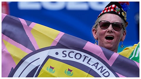 A Scotland fan reacts ahead of the World Cup Group C soccer match between Scotland and Brazil in Miami Gardens, Fla.