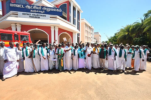 Farmers stage blindfold protest outside the Thanjavur Collectorate on Thursday

