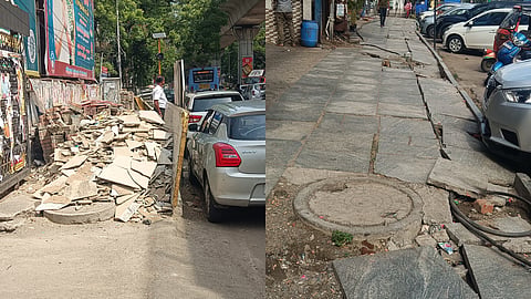 Damaged footpaths on 100 Feet Road