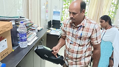 Bomb disposal sleuths scan the entire premises of Tiruchy Collectorate on Friday