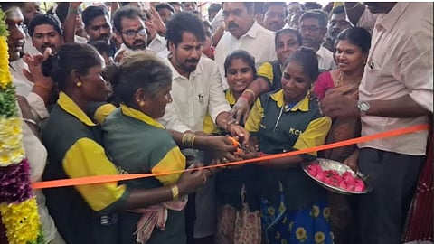 Agriculture and Farmers Welfare Minister R Vinoth, along with sanitation workers, inaugurates his MLA office in Kumbakonam on June 26