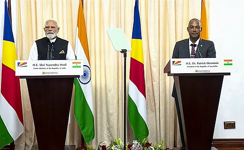 In this screengrab from a video posted on June 28, 2026, Prime Minister Narendra Modi with Seychelles President Patrick Herminie during a joint press meet, in Seychelles