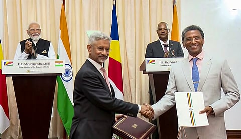  In this screengrab from a video posted on June 28, 2026, Prime Minister Narendra Modi with Seychelles President Patrick Herminie during a joint press meet, in Seychelles.