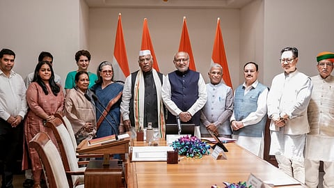 Vice President and Rajya Sabha Chairman CP Radhakrishnan with 8 newly-elected members of the Rajya Sabha who took oath on Monday