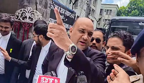 Advocate Ajay Misar speaks to the media after a special Pune court sentenced Bhimrao Kamble, a 65-year-old man to death for the kidnapping, rape, and murder of a three-year-old girl in Nasrapur village, Monday, June 29, 2026