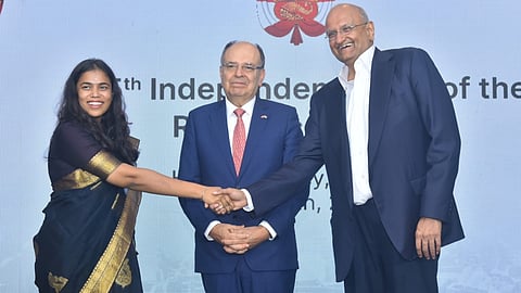 (L-R) S Keerthana, Minister for Industries, Investment Promotion & Commerce, Government of Tamil Nadu; Javier Manuel Paulinich Velarde, Ambassador of the Republic of Peru to India; Mr R Dinesh, (Chairman of TVS Supply Chain Solutions) Honorary Consul of Peru in Chennai, at Peru's 205th Independence Day celebration in Chennai