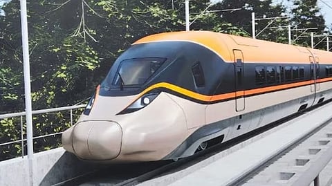 A picture of the upcoming debut bullet train in the country has been installed at a gate outside the Ministry of Railways. 
