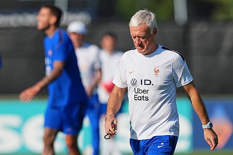 France head coach Didier Deschamps celebrates after France's Bradley Barcola scores his side's second goal during the World Cup Group I soccer match between France and Senegal in East Rutherford, N.J., near New York, Tuesday, June 16, 2026.