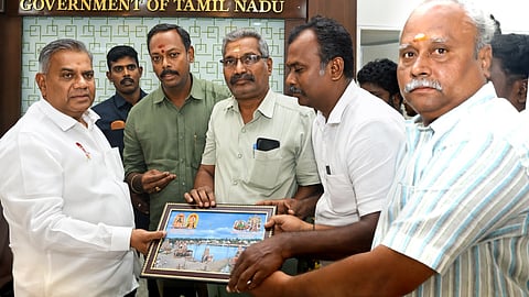 Members of Kumbakonam New District Struggle Committee submit a petition to Minister N Anand on Thursday 
